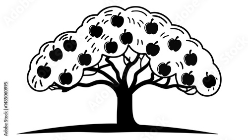 Illustration of a black and white apple tree with many apples hanging from its branches in a simple design created with generated ai