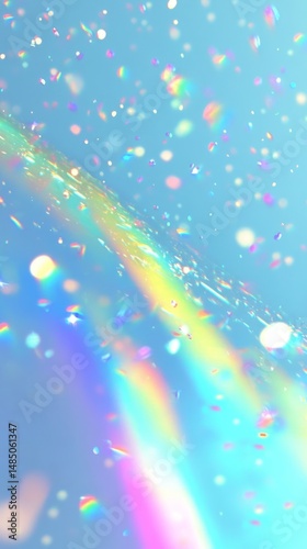 Abstract Rainbow Light Effect with Colorful Glittering Particles against Blue Background