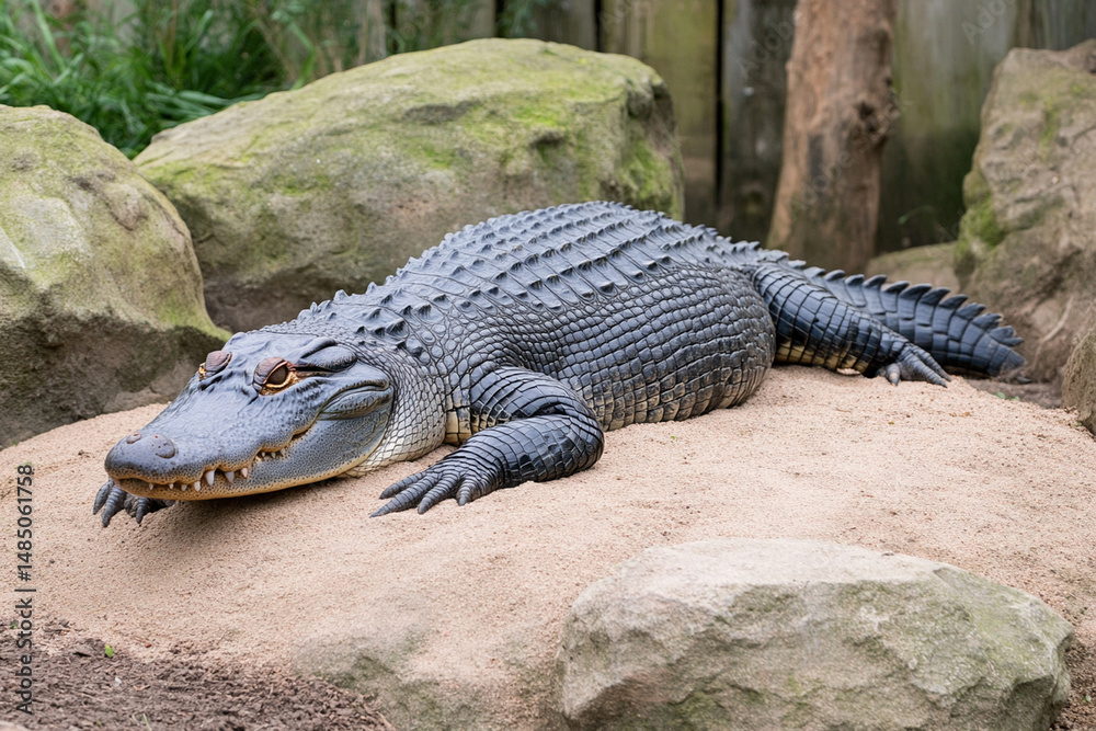 Fototapeta premium Crocodile basking in sunlight on sand near rocky terrain in a natural habitat setting