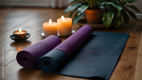 A yoga mat rolled out with candles and plants nearby