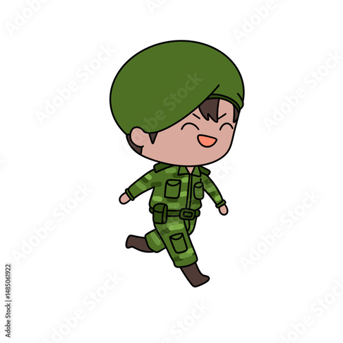 A cartoon soldier is running with a smile on his face