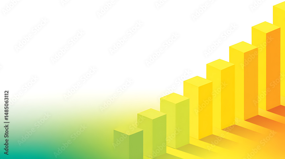 Isometric bar graph illustration showing upward trend in shades of green, yellow and orange against white background Isometric bar graph illustration showing upward trend in shades of green, yellow and orange against white background