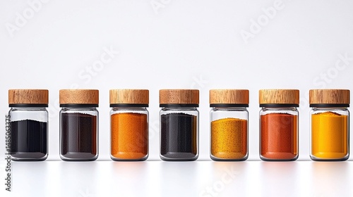 Colorful Spices in Glass Jars with Cork Lids on White Background photo