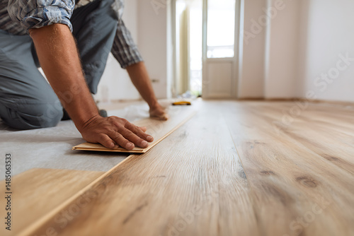 Expert installer laying laminate flooring in apartment