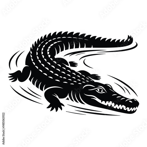 Saltwater Crocodile Lurking Silhouette, Vector, Illustration, Icon, Logo, White Background.