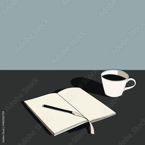 elegant illustration of cup of coffee and book
