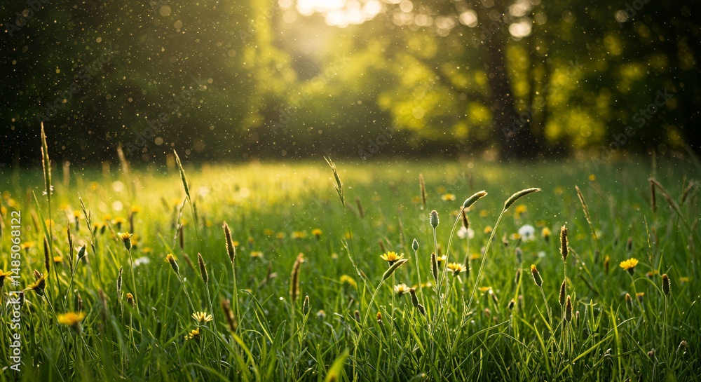Fototapeta premium Lush Meadow with Wildflowers in Sunlight and Soft Background on Summer Day
