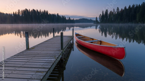 Tranquil dawn scene featuring a red canoe docked by a wooden pier on a misty lake