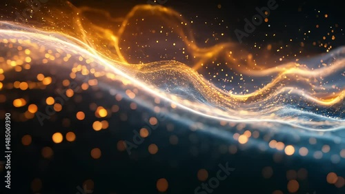 abstract blue and orange gold particle waves flowing in a dynamic liquid motion