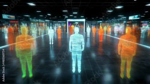 A vibrant metropolis of holographic avatars captures the essence of a future society. Individuals navigate a digital landscape filled with glowing representations in a virtual space.