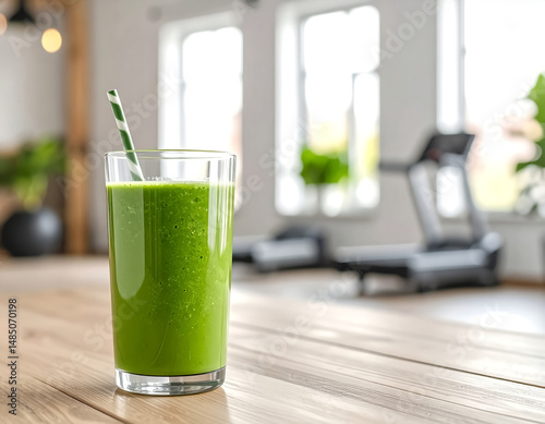 Green smoothie on a rustic table with blurred background.