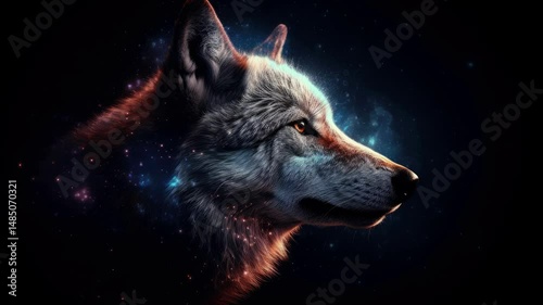 Wolf in cosmic space. Loop Animation.