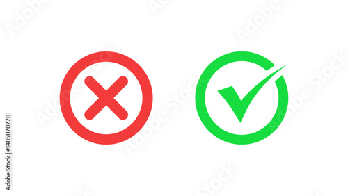 Green check mark, red cross mark icon set. x mark icon, set of flat, rounded right and wrong vector sign concept. Isolated tick symbols, checklist signs, and approval badge vector illustration 
