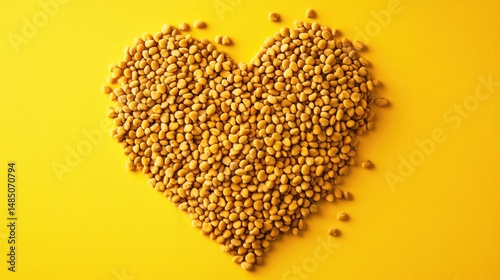 Heart-Shaped Pile of Golden Seeds on Yellow Background