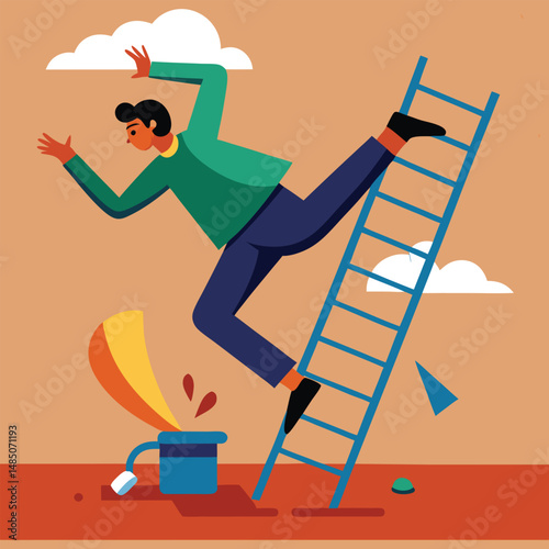 Unexpected tumble as a person loses their balance while attempting to descend from a ladder vector art