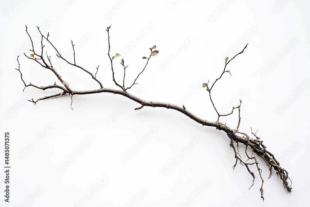 Fototapeta premium Dried branch with roots against white background