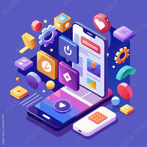 Isometric 3D Mobile App UI Design with Colorful Interface Elements for Technology and UX Illustration