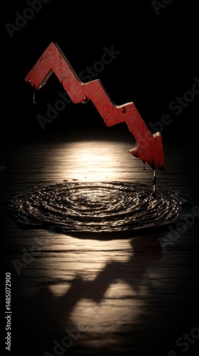 Red Arrow Falling into Dark Liquid, Representing Market Decline