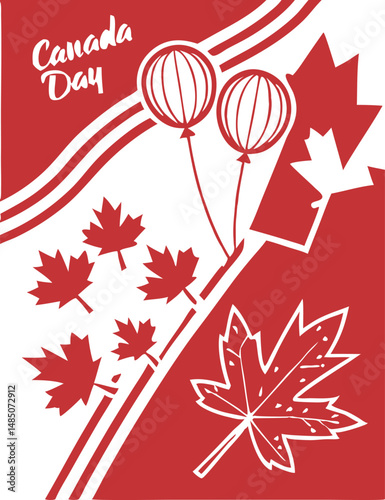 Stylized canada day celebration illustration with maple leaves and balloons on a red background