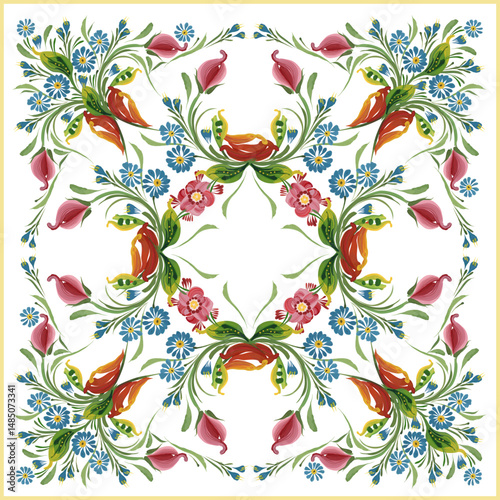 Scarf floral vector pattern from flowers and herbs on a white background