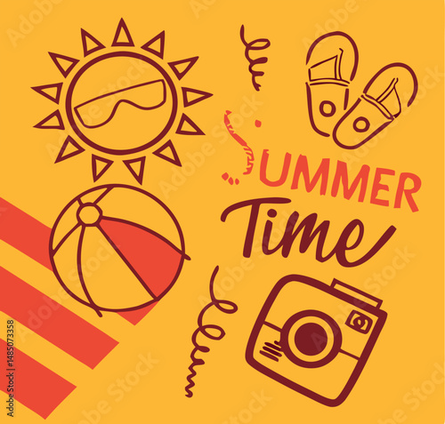 Summer time illustration featuring beach elements and fun summer season vibes