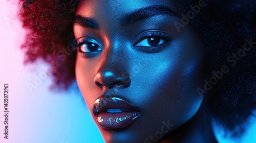 Striking portrait of a captivating black woman illuminated by vibrant neon hues embodying modern beauty and confidence