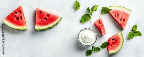 Fresh summer arrangement features juicy watermelon slices, vibrant green mint leaves, and creamy white yogurt, creating a light and refreshing display