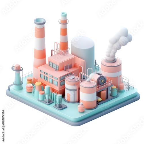 Digitally rendered, 3D model of a pastel-colored industrial complex.  The design is simplified and appealing, showcasing a stylized, modern representation of industrial structures.