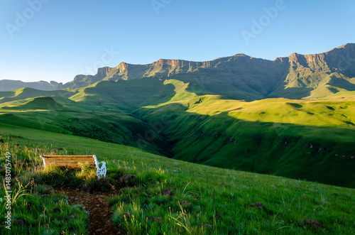 Breathtaking Drakensberg scenery at Cathedral Peak, Ukhahlamba Drakensberg Park, KwaZulu Natal, South Africa - majestic mountains, lush valleys, and pristine natural beauty. photo