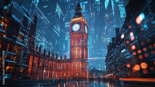 Captivating Big Ben illuminated in the night interwoven with digital data streams symbolizing London s tech future