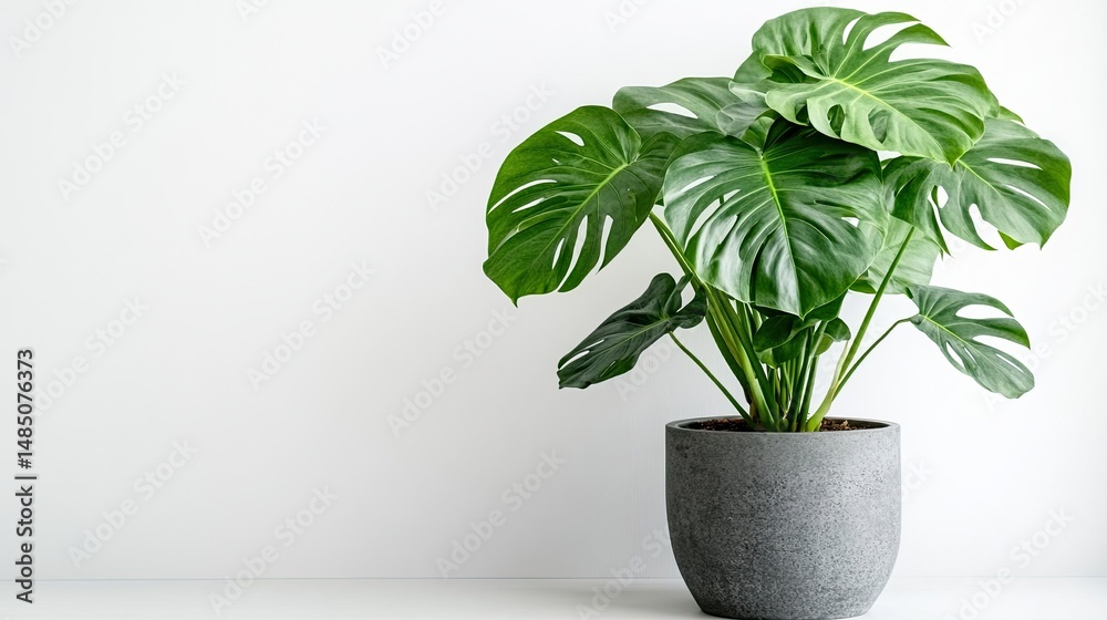 A thriving Monstera Deliciosa symbolizing growth and resilience in a minimal setting with elegant gray pot and clean A thriving Monstera Deliciosa symbolizing growth and resilience in a minimal setting with elegant gray pot and clean