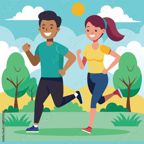 A cheerful couple jogs side by side in an outdoor setting, reveling in the fresh air and warm sunshine,