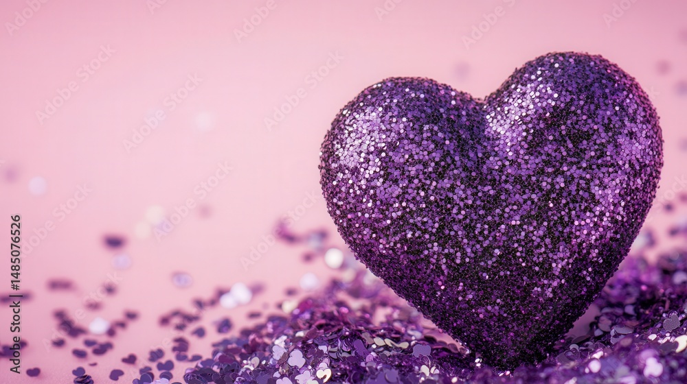 Fototapeta premium Glittering purple heart on a light pink background