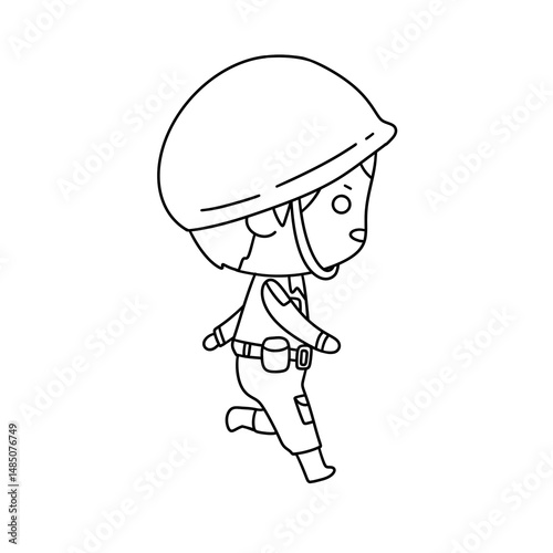 A cartoon character is wearing a helmet and carrying a gun