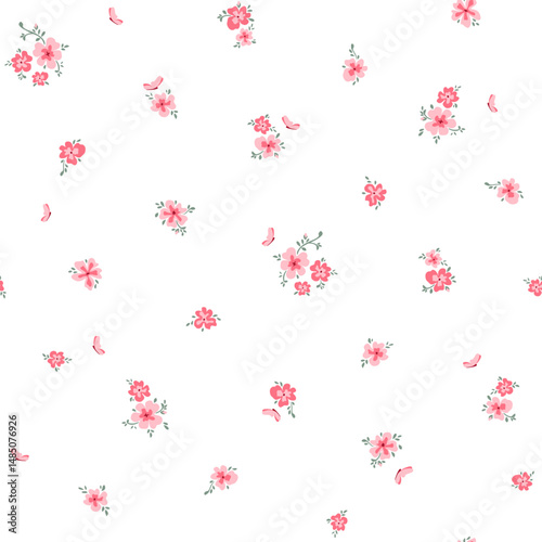 Vector illustration. Seamless pattern of delicate small pink flowers on a white background. Ditsy floral pattern, field of flowers, print for fabric, textile, wallpaper, print for kids, dress
