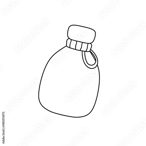 A bottle with a white label and a black handle