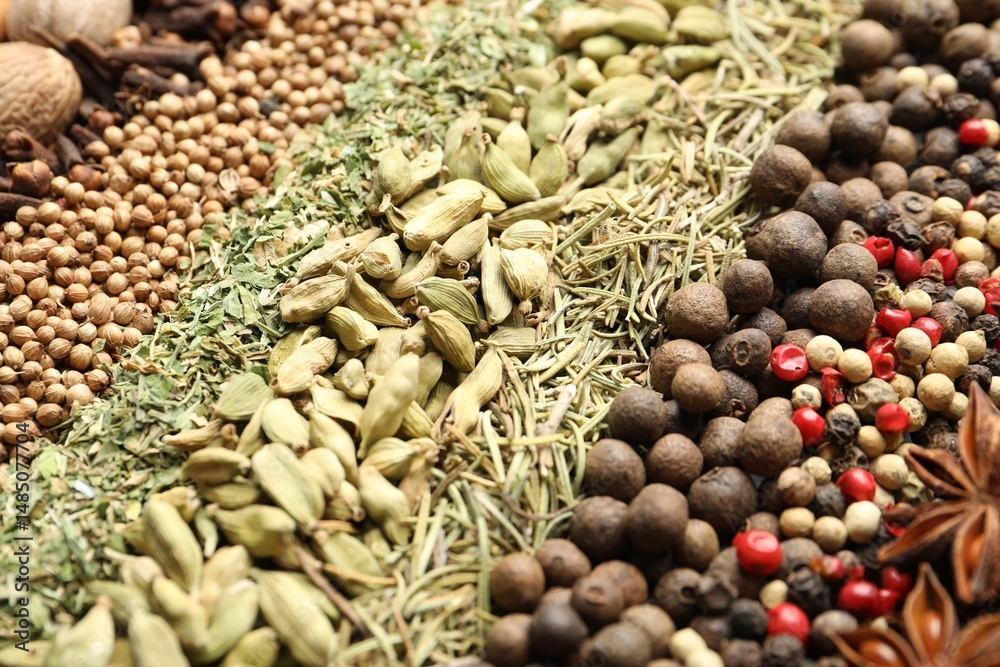 Fototapeta premium Many different spices as background, closeup view
