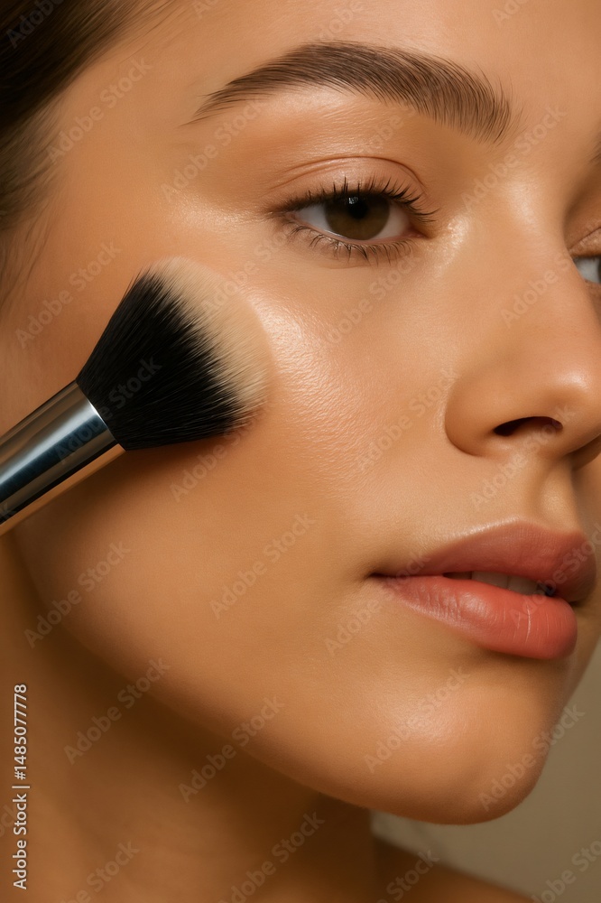 Makeup artist applying foundation on model's face with a brush Makeup artist applying foundation on model's face with a brush