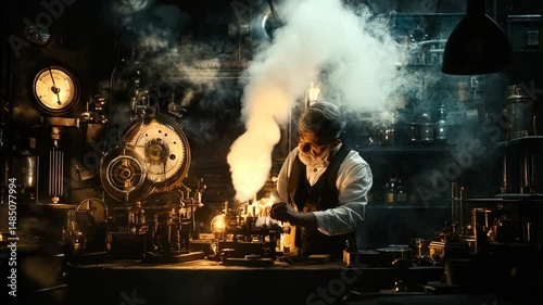 Steampunk alchemist working in a dark laboratory.