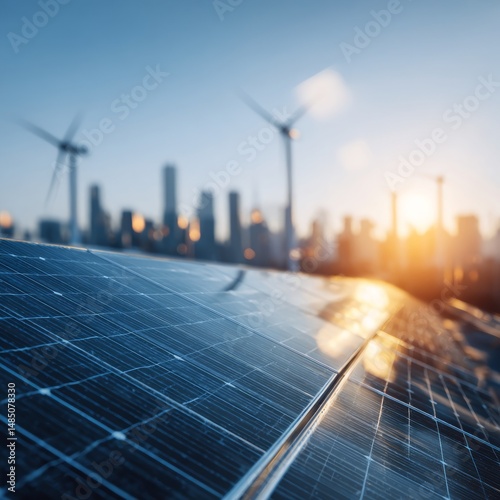 Close Up Of Solar Panel With Cityscape And Wind Turbines At Sunset