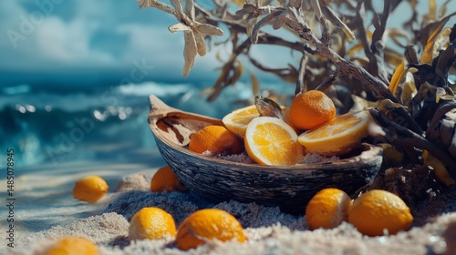 Rustic basket filled with oranges and lemons on the beach with tree and sand background