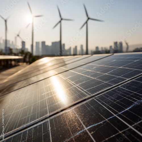 Solar Panels and Wind Turbines in a City at Sunrise