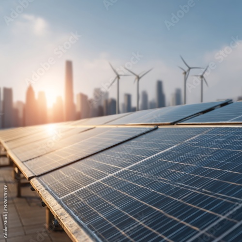 Solar Panels and Wind Turbines in a City at Sunset