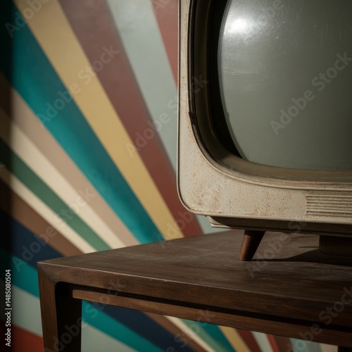 Vintage Television on Wooden Table Against Sunburst Wall