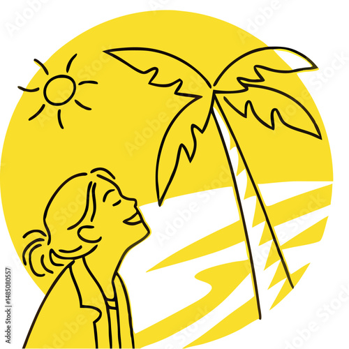Enjoying sunny day happy woman beneath palm tree sunshine beach summer vacation relaxation