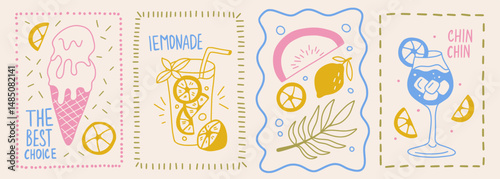 Posters with doodle italian food in ink style. Outline multicolor wine with glass and fruit lemons. Retro frame border element design.