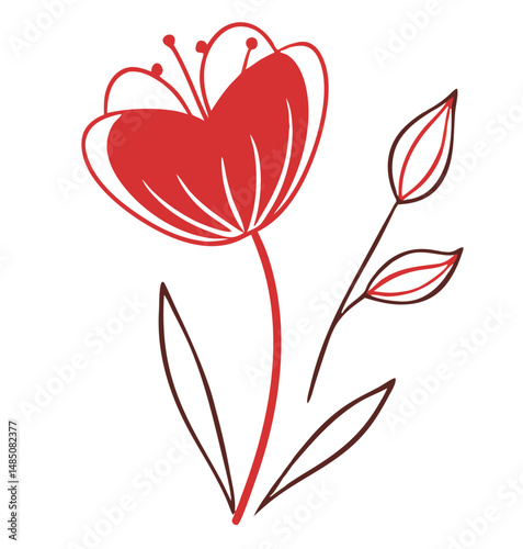 Red tulip flower design with leaves on a white background used for decoration and floral design