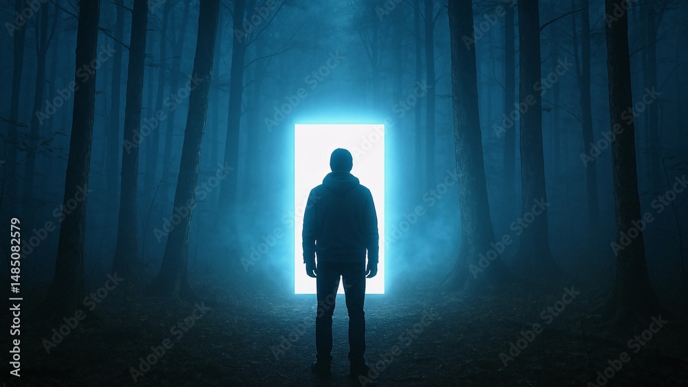 Mysterious bright portal emits a supernatural light in a dark, foggy forest as a man walks towards it at night, creating a surreal and otherworldly atmosphere Mysterious bright portal emits a supernatural light in a dark, foggy forest as a man walks towards it at night, creating a surreal and otherworldly atmosphere