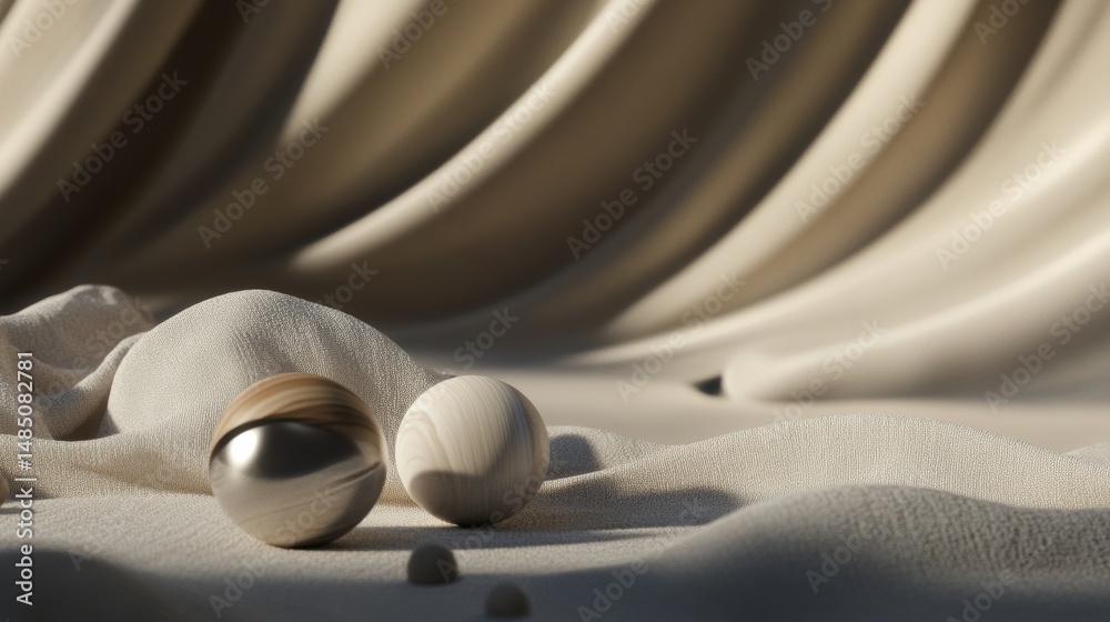 Fototapeta premium Abstract white drapery with sphere objects on wavy surface in modern visual minimalist decor setup