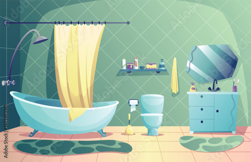 Cartoon bathroom interior with tub and curtain, toilet, mirror and washbasin. Bath time in flat style design template. Vector illustration for website, print, poster